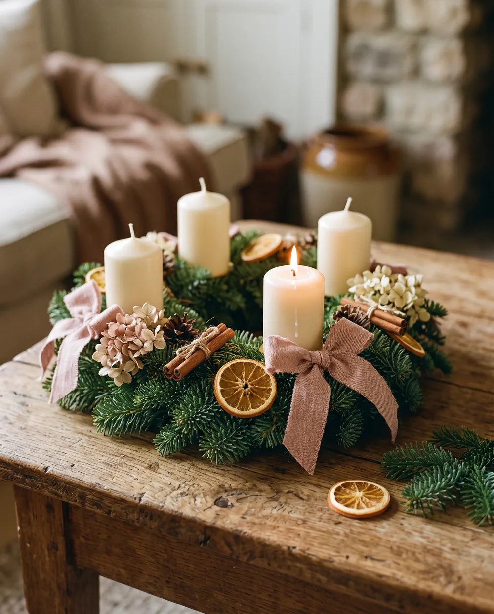Adventní věnec s jedlovými větvičkami, sušeným pomerančem a svícemi